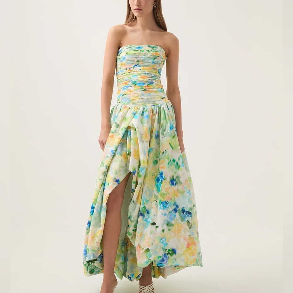 Aje Violette Bubble Hem Strapless Watercolor Maxi Dress SIZE US6 AUS10